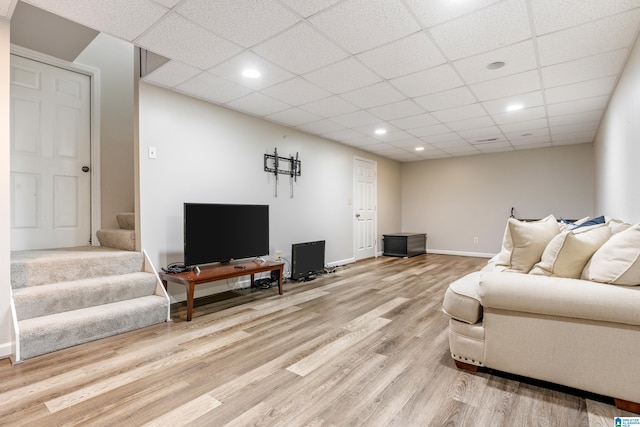 140 Russet Hill Dr, Hoover, AL 35244 - living area with stairway, baseboards, recessed lighting, a drop ceiling, and light wood-style floors