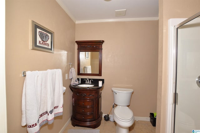 bathroom featuring vanity, walk in shower, toilet, crown molding, and tile patterned floors