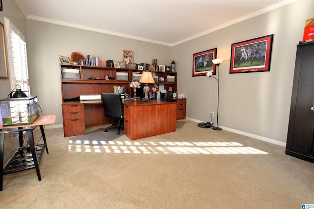 office space with crown molding and light colored carpet