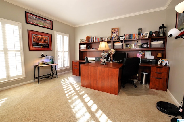 office area featuring light colored carpet and ornamental molding