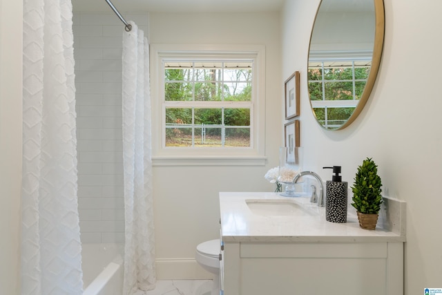 full bathroom with vanity, a wealth of natural light, toilet, and shower / tub combo with curtain