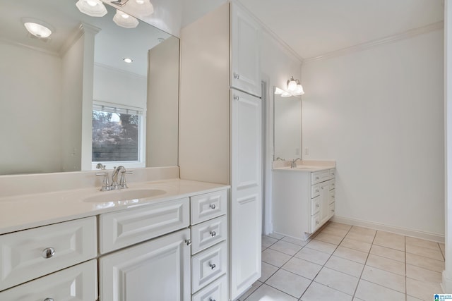 bathroom with tile patterned floors, vanity, and ornamental molding