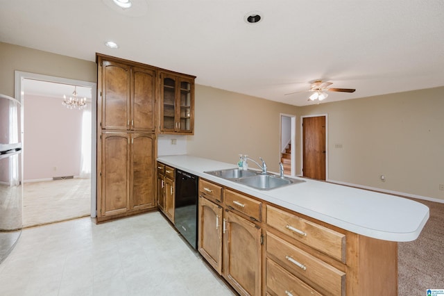 kitchen with black dishwasher, sink, ceiling fan, kitchen peninsula, and light carpet