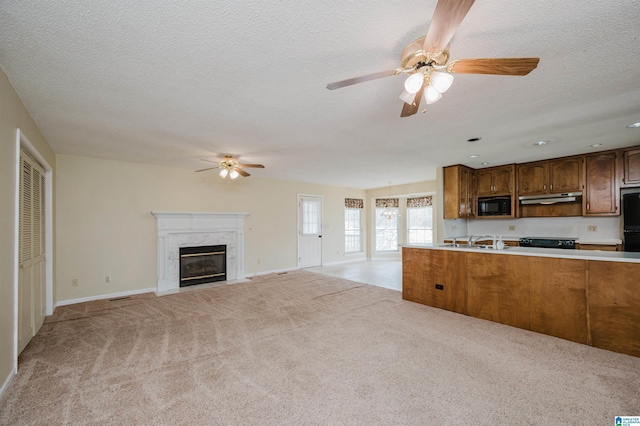 kitchen featuring sink, light colored carpet, black appliances, a premium fireplace, and a textured ceiling