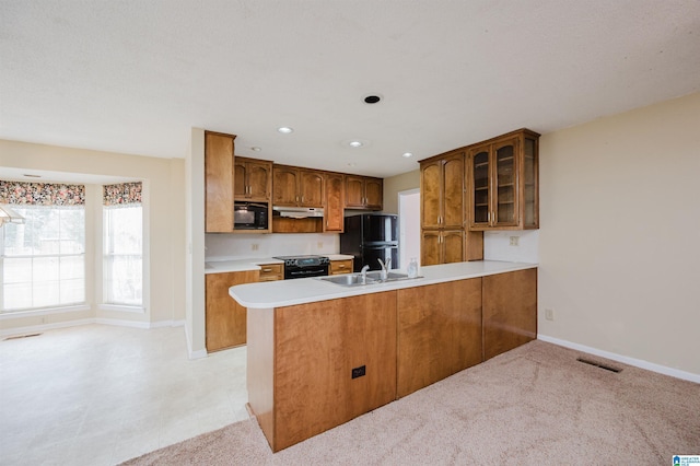 kitchen with sink, black appliances, and kitchen peninsula