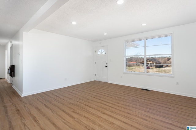 interior space with wood-type flooring, a textured ceiling, and a wealth of natural light