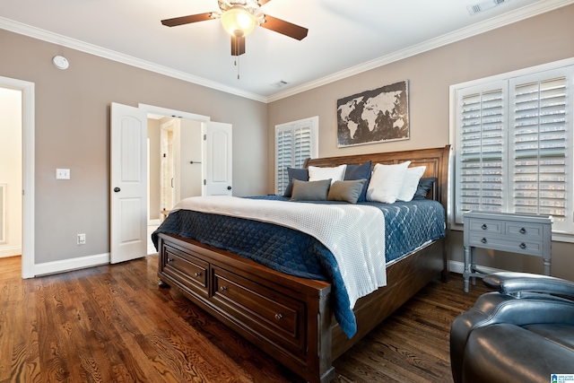 bedroom with dark wood-type flooring, ceiling fan, and ornamental molding