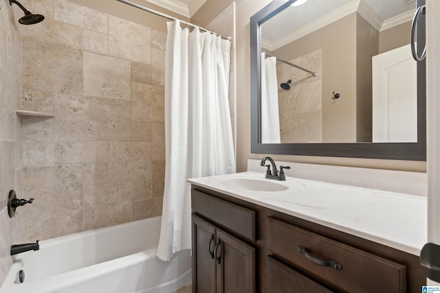 bathroom featuring crown molding, vanity, and shower / bath combination with curtain