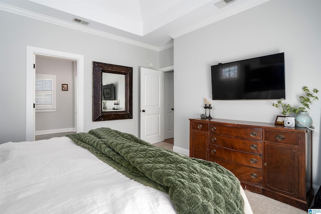 carpeted bedroom with crown molding