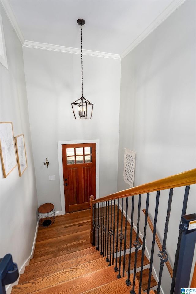 foyer with an inviting chandelier, hardwood / wood-style flooring, and ornamental molding