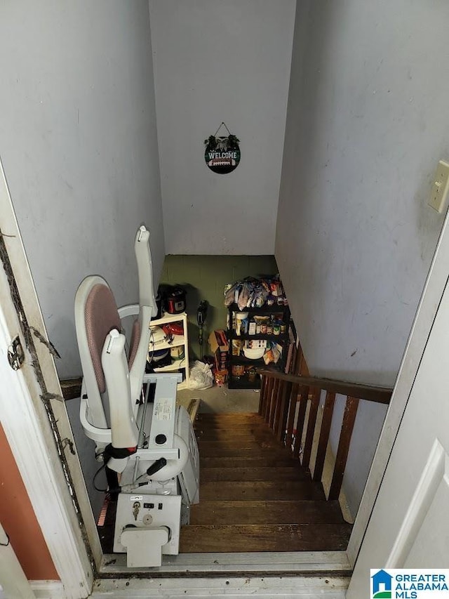 stairway featuring wood-type flooring