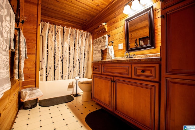 full bathroom featuring toilet, wood ceiling, vanity, wooden walls, and shower / bath combination with curtain