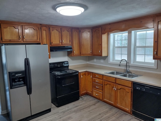 kitchen featuring sink, light hardwood / wood-style flooring, and black appliances