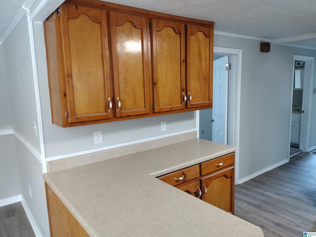 kitchen featuring crown molding and light hardwood / wood-style flooring