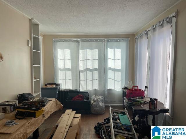 miscellaneous room featuring hardwood / wood-style flooring and a textured ceiling