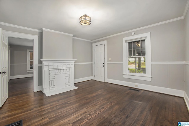 unfurnished living room with crown molding, a fireplace, and dark hardwood / wood-style floors