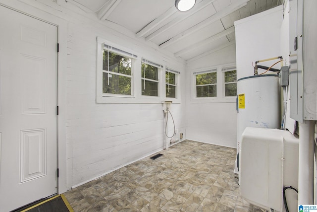 laundry area featuring wood walls and gas water heater