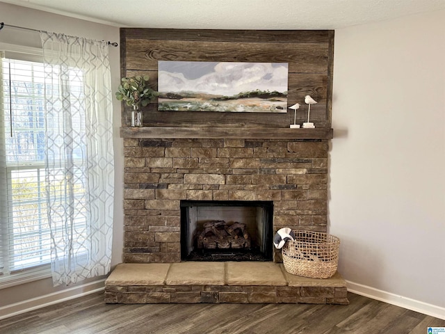 details with wood-type flooring and a fireplace