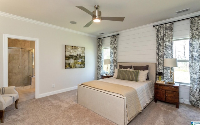 bedroom with multiple windows, ceiling fan, ornamental molding, and carpet