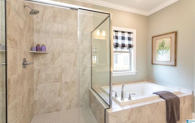 bathroom with independent shower and bath and crown molding