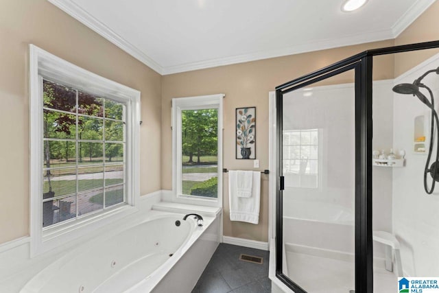 bathroom with tile patterned flooring, ornamental molding, and shower with separate bathtub