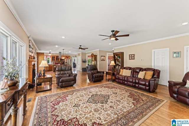 living room with crown molding, ceiling fan, and wood-type flooring