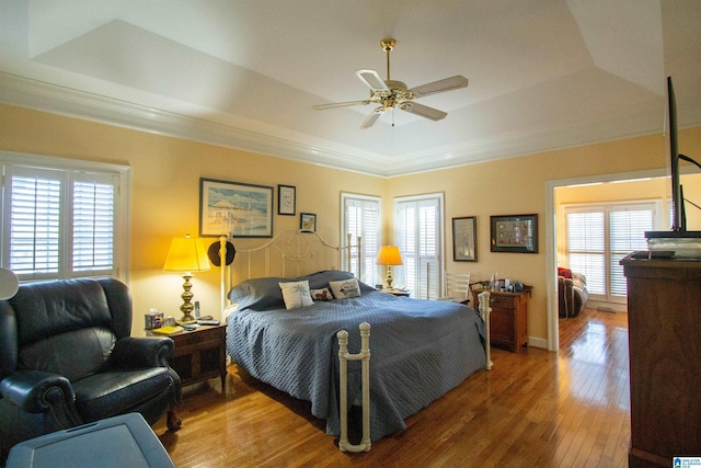 bedroom featuring multiple windows, a tray ceiling, and wood-type flooring