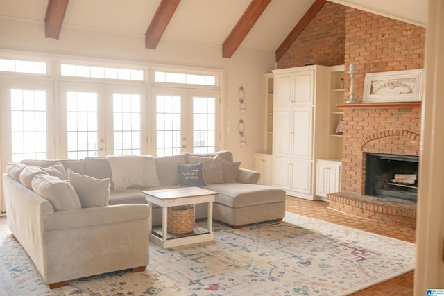 living room with a fireplace and lofted ceiling with beams