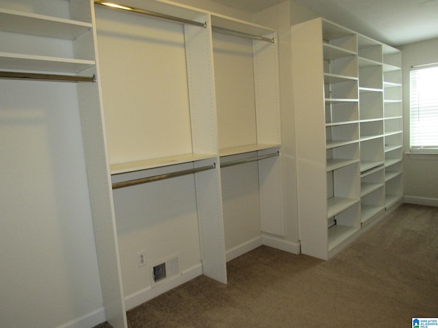 walk in closet featuring dark colored carpet