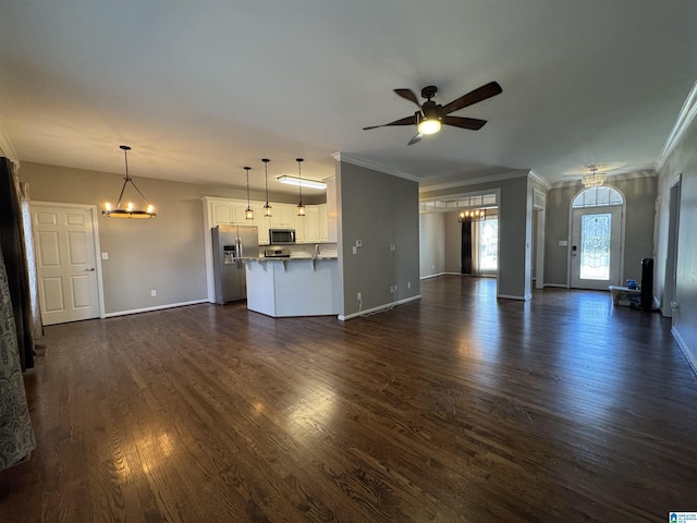 unfurnished living room with ornamental molding, dark hardwood / wood-style floors, and ceiling fan