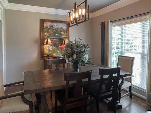 dining space with dark hardwood / wood-style flooring, crown molding, and plenty of natural light