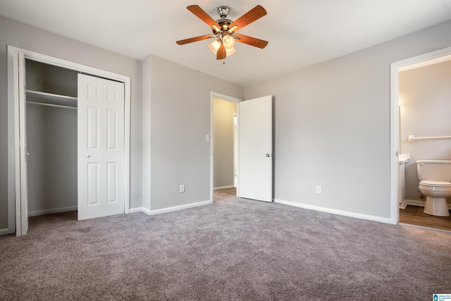 unfurnished bedroom with connected bathroom, a closet, ceiling fan, and carpet flooring