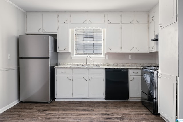 kitchen with sink, stainless steel refrigerator, white cabinetry, electric range, and black dishwasher