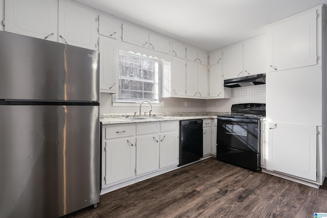 kitchen with white cabinetry, sink, and black appliances