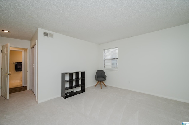 interior space with light carpet and a textured ceiling