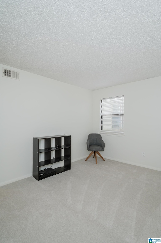 sitting room with light colored carpet and a textured ceiling