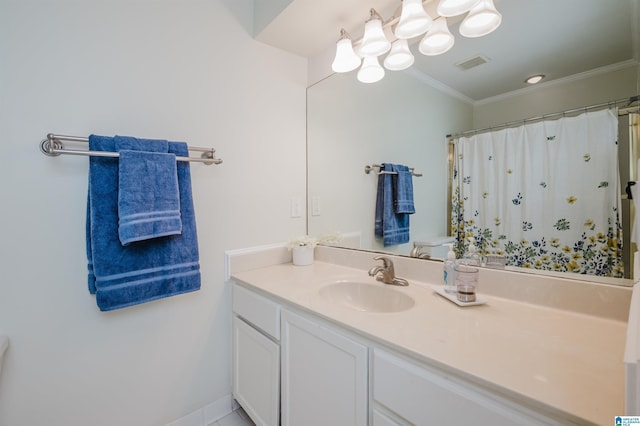 bathroom with vanity, crown molding, curtained shower, and toilet