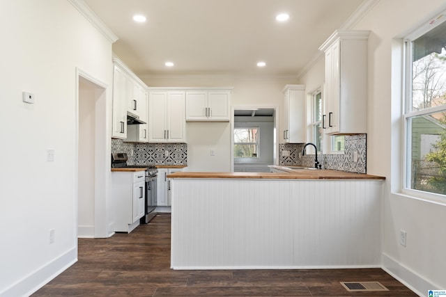 kitchen featuring electric stove, butcher block counters, kitchen peninsula, and white cabinets