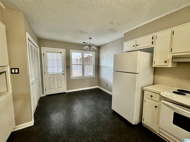 kitchen with an inviting chandelier, decorative light fixtures, white cabinets, white appliances, and a textured ceiling