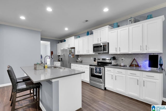 kitchen featuring white cabinetry, stainless steel appliances, sink, and a center island with sink