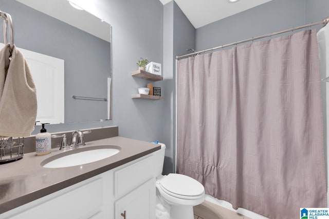 bathroom featuring vanity, a shower with curtain, and toilet