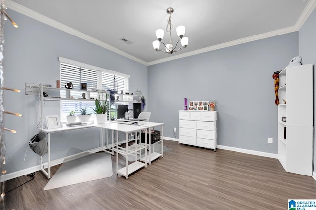 office space with an inviting chandelier, ornamental molding, and dark hardwood / wood-style flooring