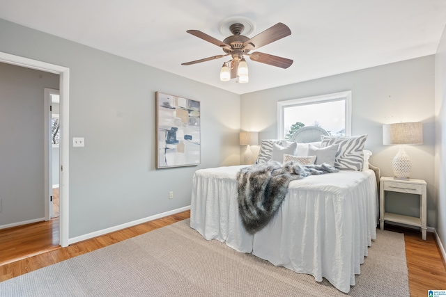 bedroom with ceiling fan and light wood-type flooring