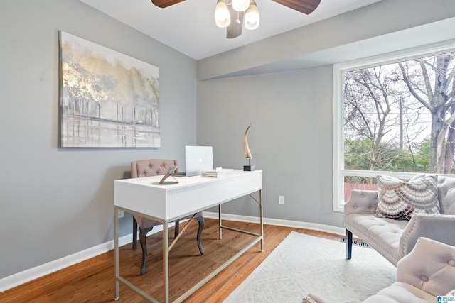 office space featuring hardwood / wood-style flooring, ceiling fan, and plenty of natural light