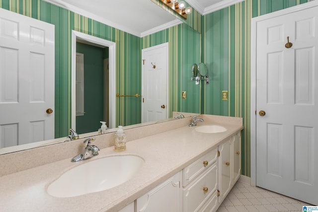 bathroom with vanity and ornamental molding