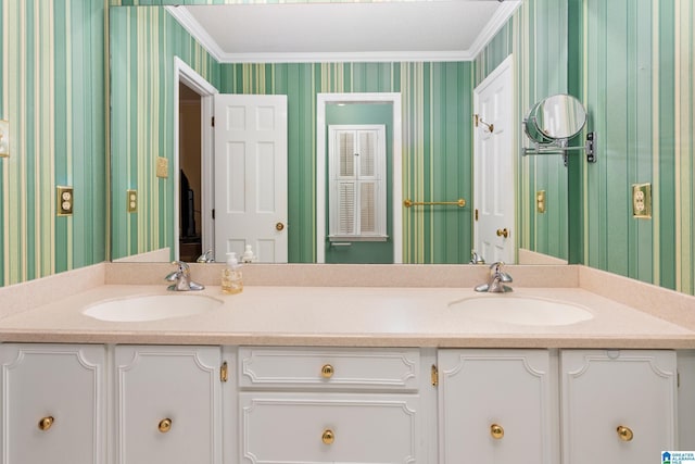 bathroom with vanity and crown molding