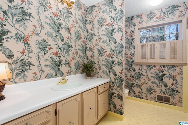 bathroom with vanity, a textured ceiling, and toilet