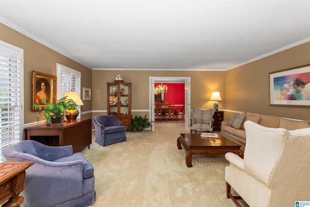 living room featuring an inviting chandelier, ornamental molding, and carpet