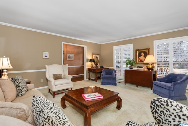 carpeted living room featuring ornamental molding