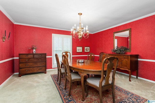 dining room with crown molding, light colored carpet, and a chandelier